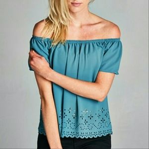Beautiful Teal Laser Cut Hem Top